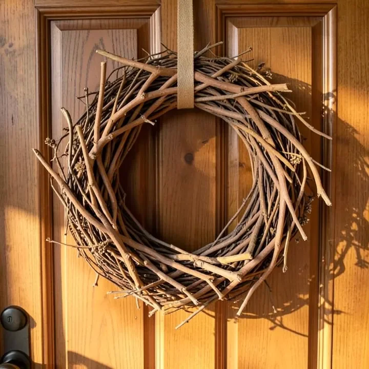 Finished rustic cedar branch wreath hanging on a wooden door