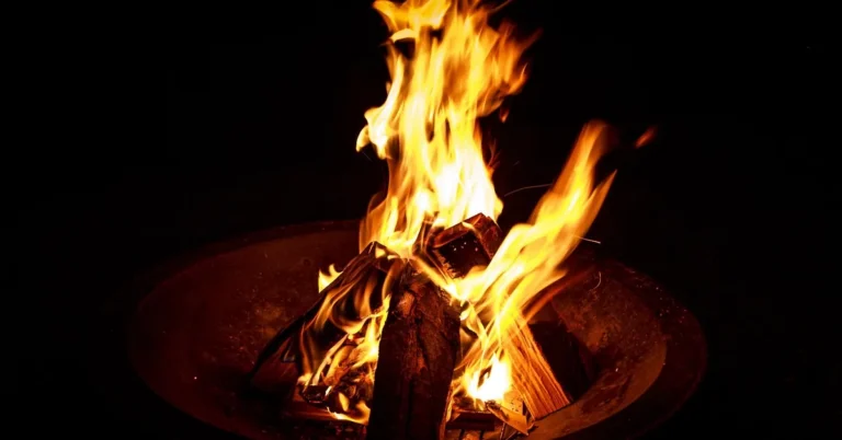 Wood fire burning in a round steel fire pit bowl