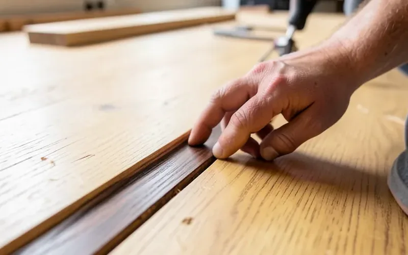 Fitting a dark walnut wood inlay strip into a routed groove in an oak hardwood floor