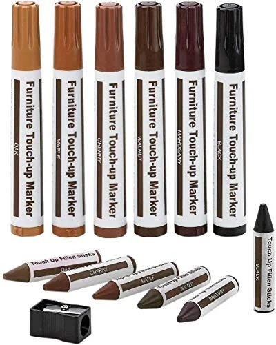 Furniture Repair Kit wood touch-up markers and wax sticks set with sharpener, 13 pieces