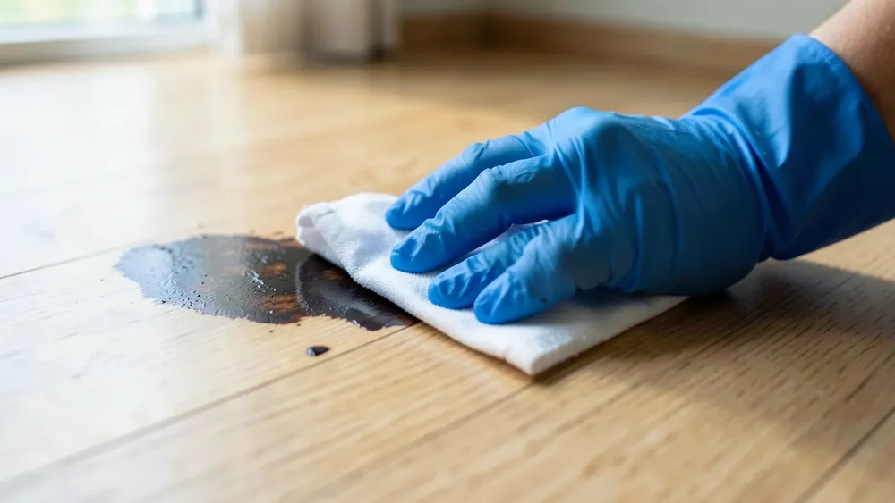 Blotting a fresh hair dye stain on a hardwood floor with a cloth
