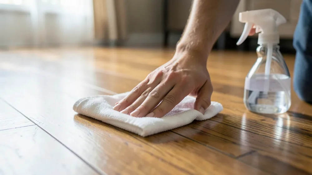 Wiping a hardwood floor clean after removing a stain