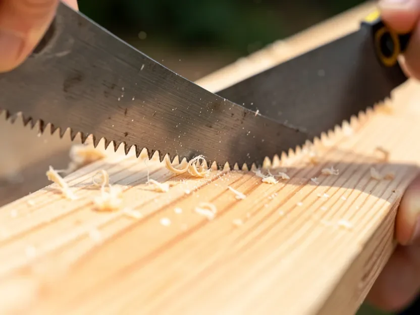 Hand saw teeth cutting into a wood plank, each tooth shaving off a small curl of wood