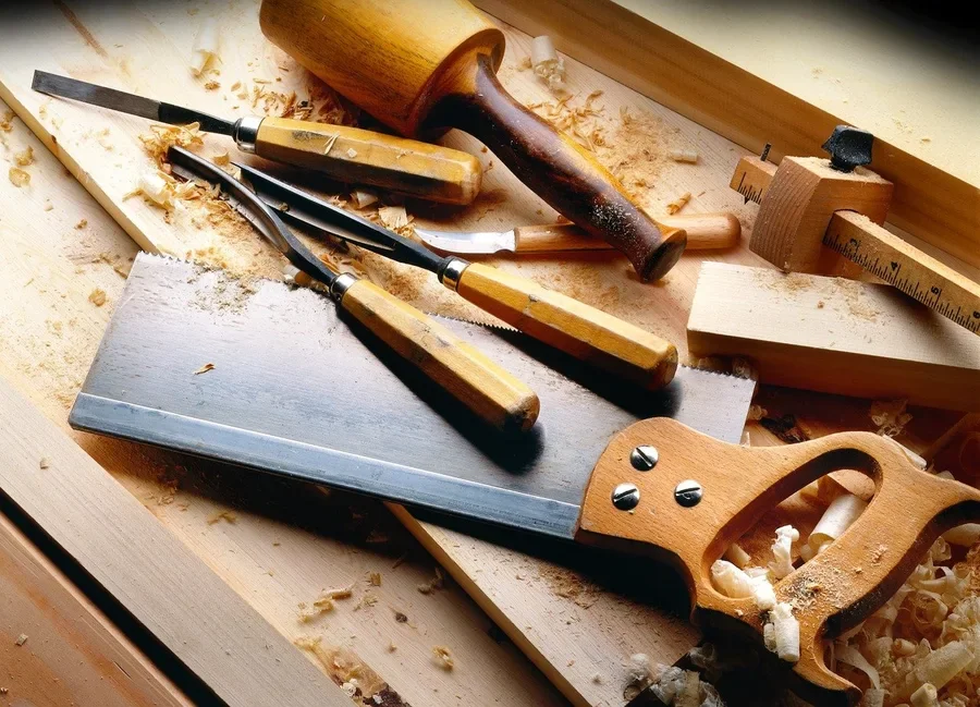 Hand saw, chisels and mallet on a workbench covered in wood shavings