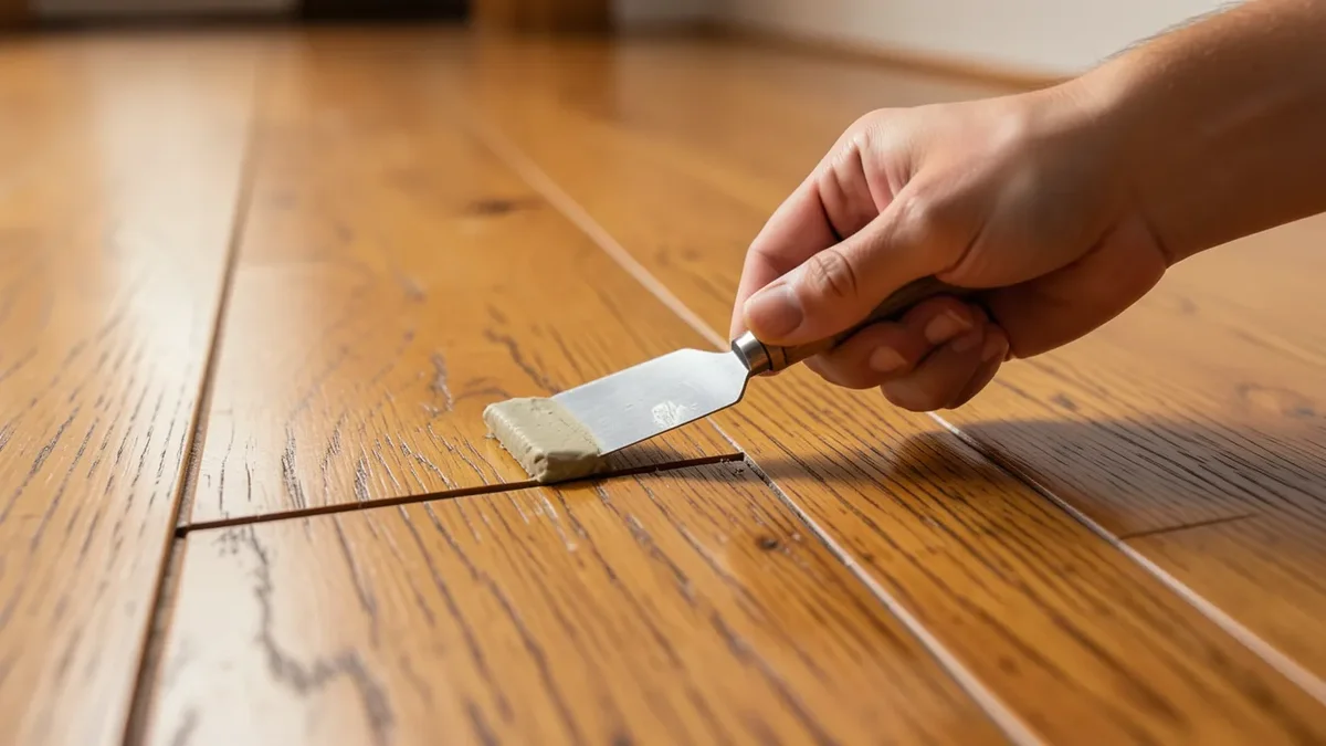 Applying color-matched wood filler into a gap between hardwood floorboards