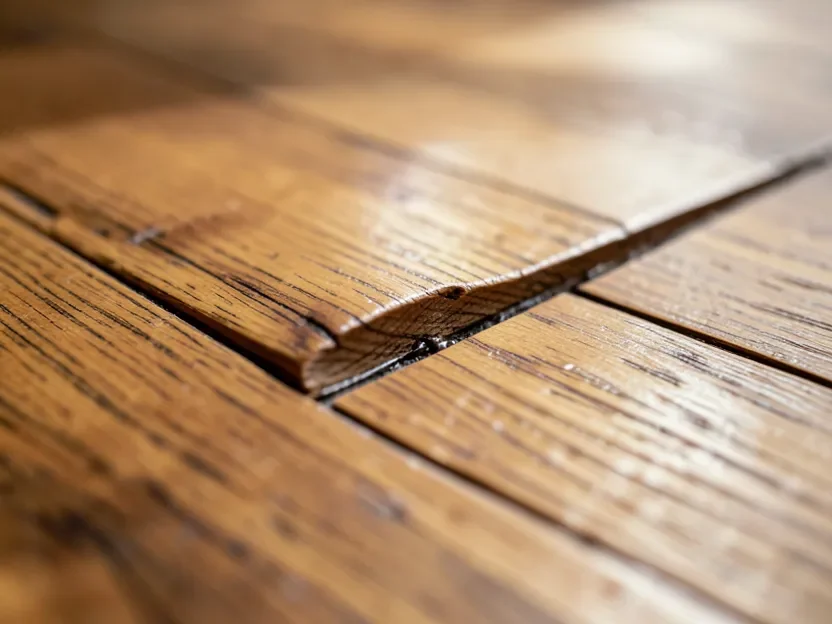 Close-up of hardwood floor boards cupped and warped from water damage
