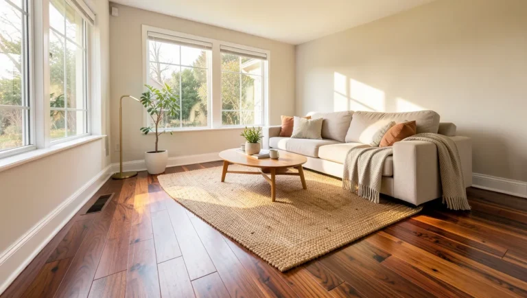 Bright modern living room with rich walnut-toned hardwood flooring and a jute area rug