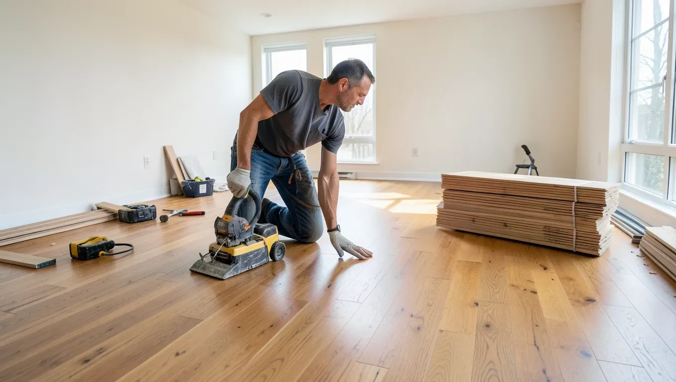 Professional installing solid oak hardwood flooring planks in a bright living room