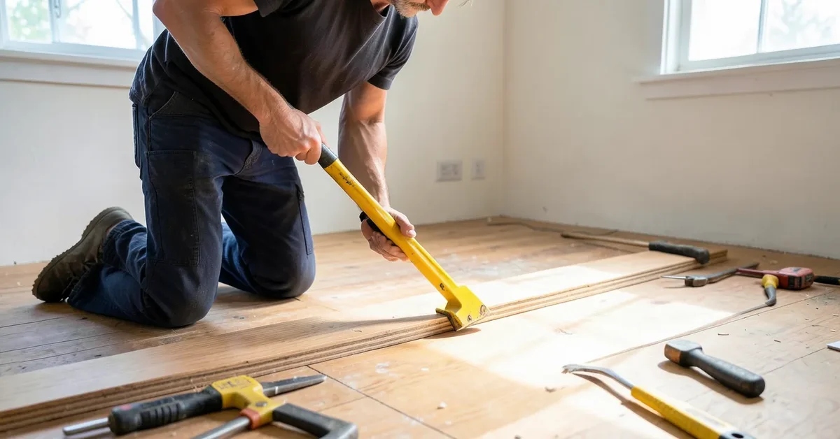 Using a pry bar to lift a hardwood floorboard