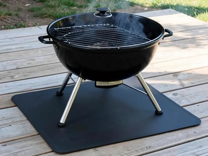 Heat-resistant mat placed under a charcoal grill's legs on deck boards