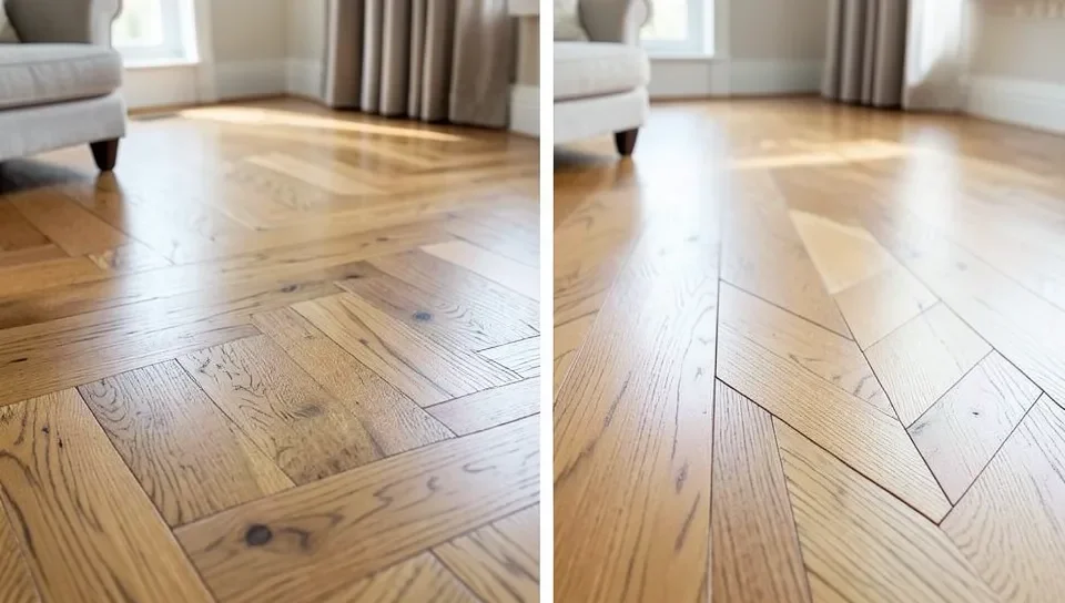 Herringbone pattern hardwood floor layout in a living room compared to a straight-lay pattern