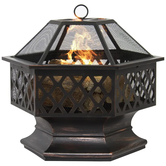 Hexagonal steel fire pit with a mesh spark screen lid