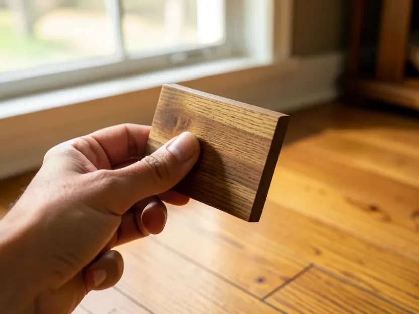 Hand holding a wood sample board against an existing hardwood floor to check the match in natural daylight