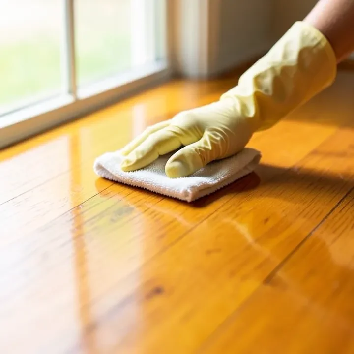 Hand wiping a glossy polyurethane-finished hardwood floor plank with a soft cloth