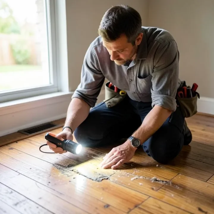 Flooring professional inspecting a worn hardwood floor area with a flashlight