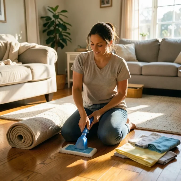 Woman cleaning a hardwood living room floor with a spray mop