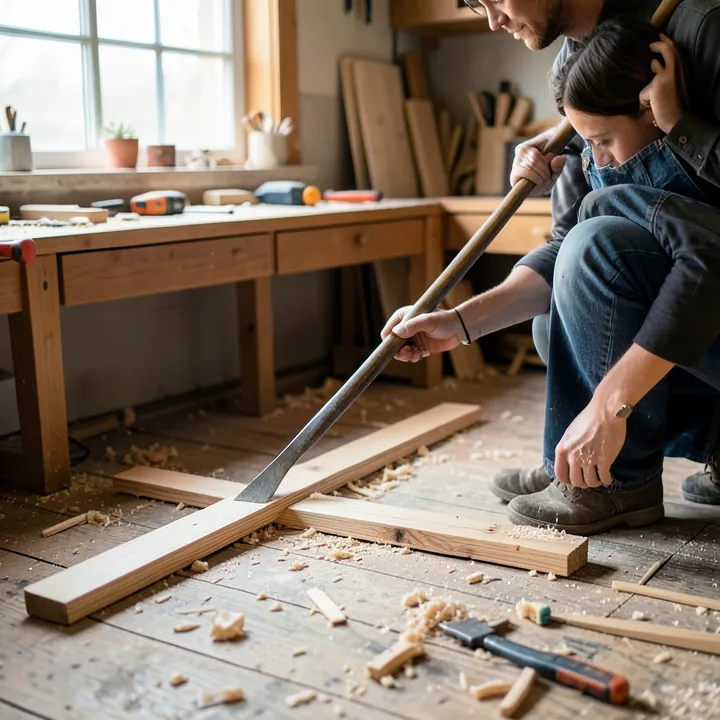 A person using a long pry bar to lift a glued-down hardwood plank off the subfloor