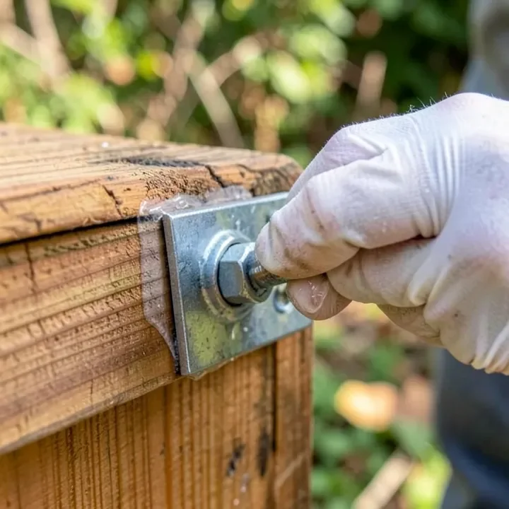 Sealing the seam between a metal bracket and wood beam with waterproof sealant Sealing the seam between a metal bracket and wood beam with waterproof sealant