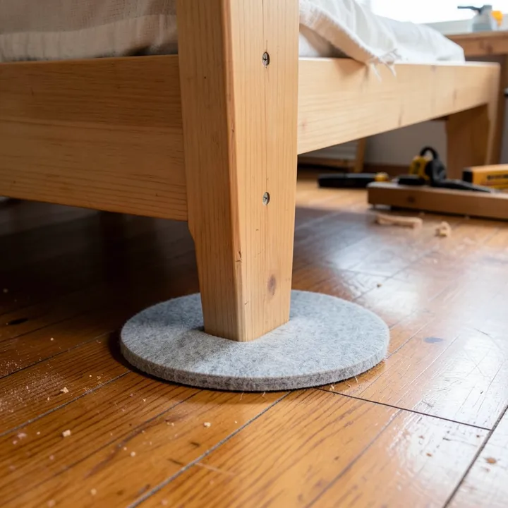 Placing a round felt non-slip gripper pad under a wooden bed leg on a hardwood floor