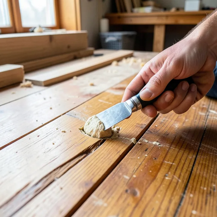 A hand using a putty knife to press wood filler into a gouge on a hardwood floor plank