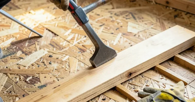 Pry bar lifting a hardwood floor plank during removal with subfloor exposed