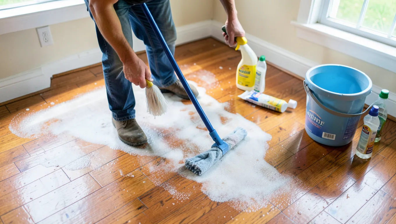 Person mopping a hardwood floor with cloudy polish buildup