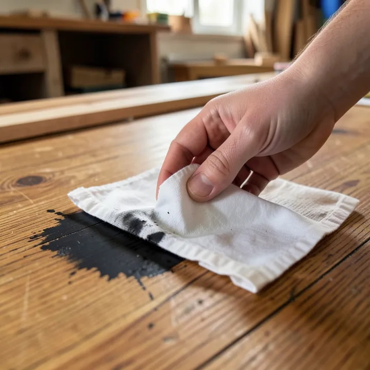 A hand blotting a fresh dark ink stain on a hardwood floor with a white cloth