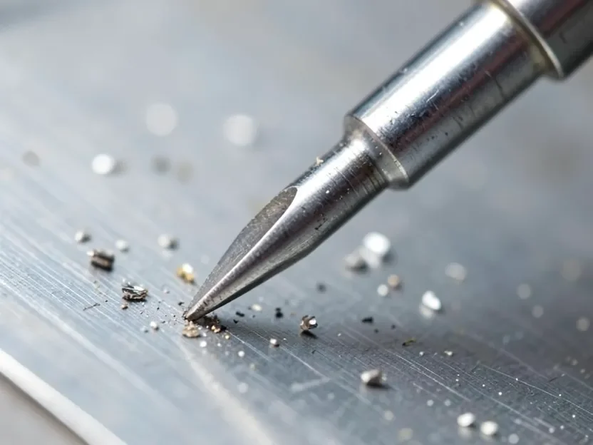 Close-up of an HSS metal twist drill bit with a conical point cutting into sheet metal with metal shavings