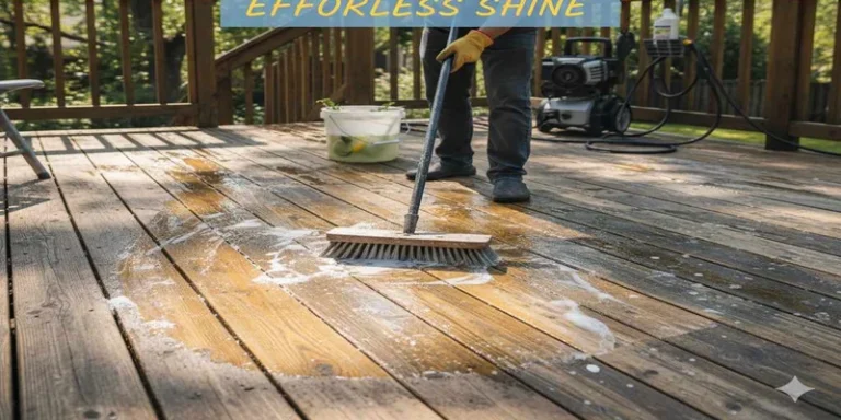 Scrubbing a wood deck clean with soap and brush