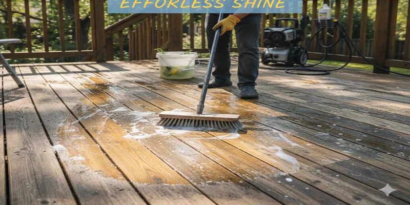 Scrubbing a wood deck clean with soap and brush