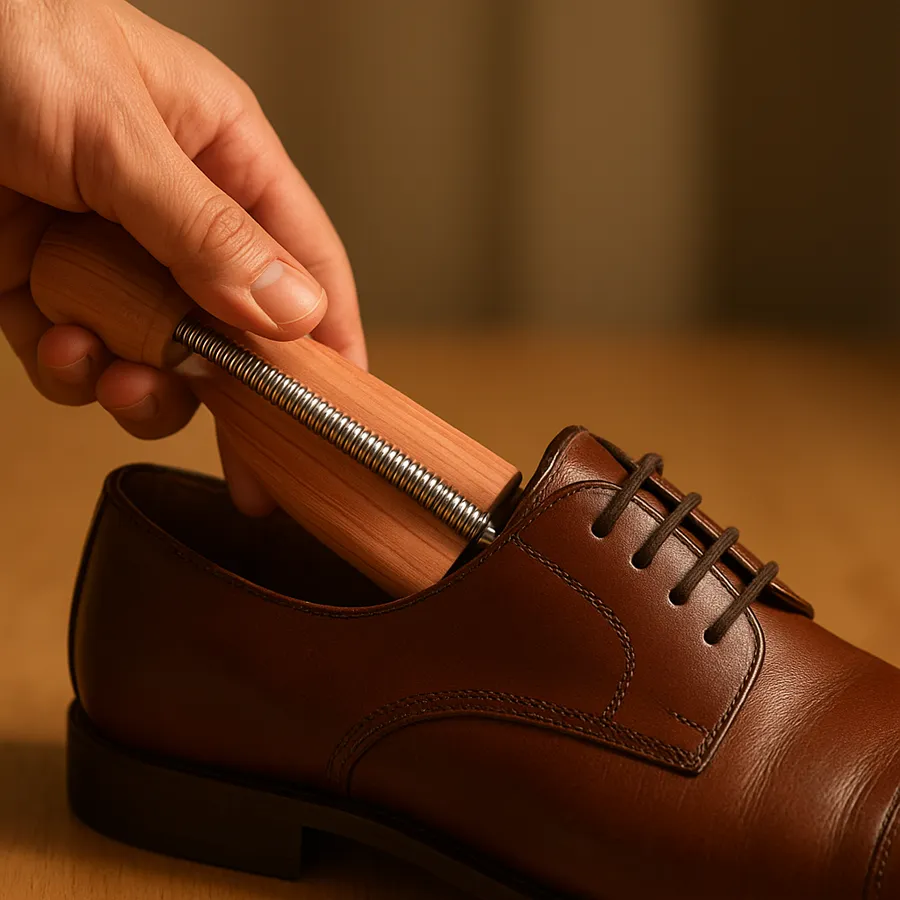 Hand inserting a spring-loaded split-toe cedar shoe tree into a leather dress shoe