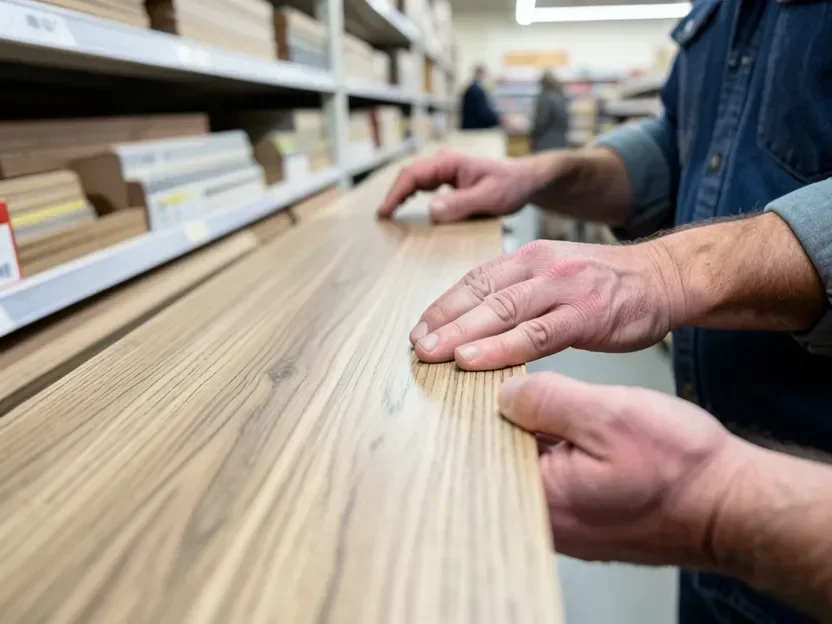 Hands inspecting the straight grain of an ash wood board at a home improvement store