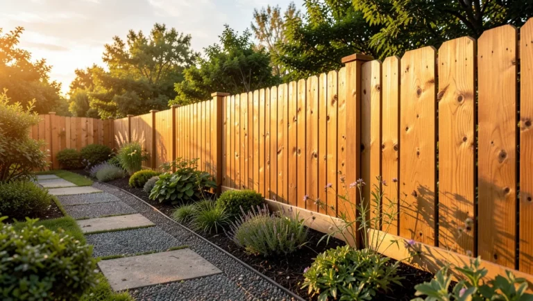 Cedar wood fence along a garden path