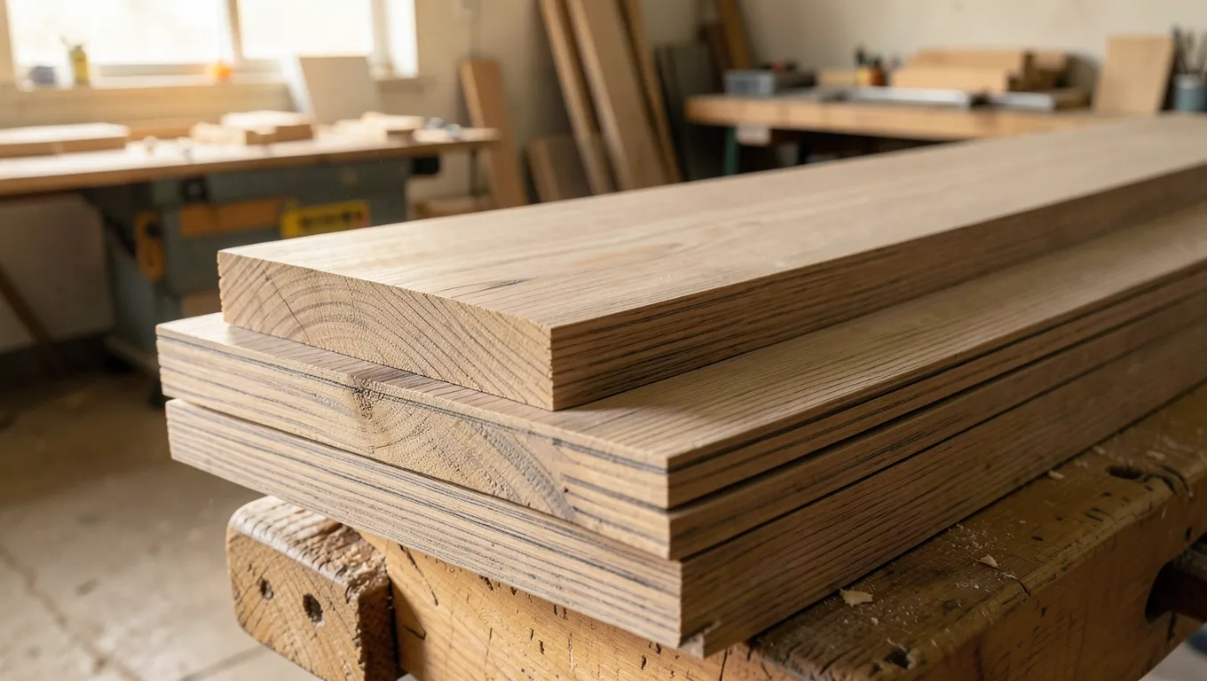 Stack of kiln-dried ash lumber boards showing straight, even grain
