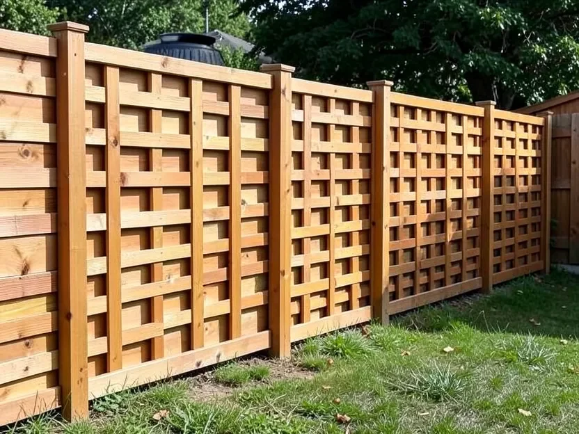 Cedar fence with a decorative lattice-top panel section