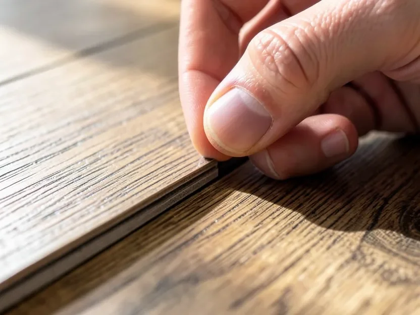 Close-up of an LVP plank click-lock joint being connected by hand