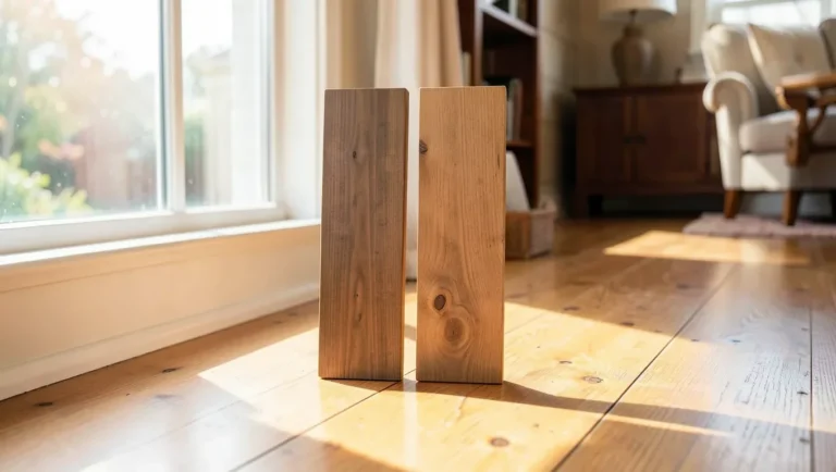 Two hardwood flooring sample boards compared side by side in natural daylight near a window