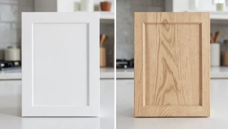 Comparison of a painted MDF cabinet door and a natural wood grain solid wood cabinet door