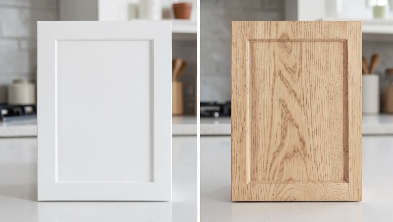 Comparison of a painted MDF cabinet door and a natural wood grain solid wood cabinet door