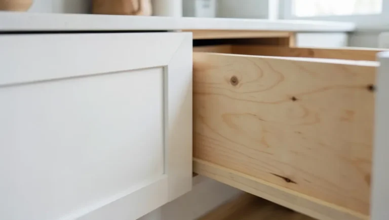 Close-up of a white MDF shaker cabinet door next to an open plywood cabinet box drawer showing wood grain
