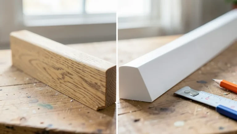 Natural wood baseboard trim next to smooth white MDF baseboard trim side by side