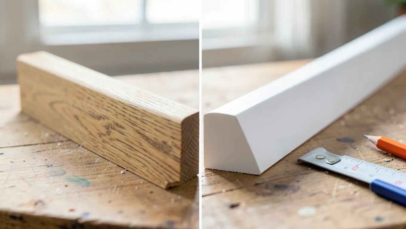 Natural wood baseboard trim next to smooth white MDF baseboard trim side by side