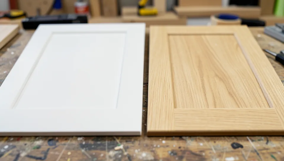 Side-by-side comparison of a painted MDF cabinet door and a natural wood grain cabinet door