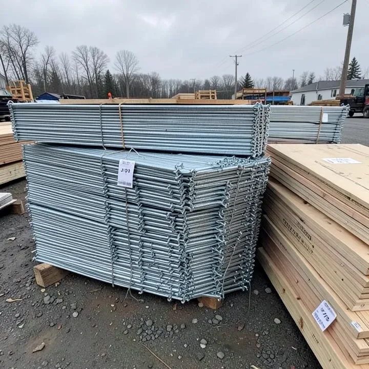 Bundled steel metal studs next to stacked dimensional lumber at a supply yard, illustrating material price differences Bundled steel metal studs next to stacked dimensional lumber at a supply yard, illustrating material price differences
