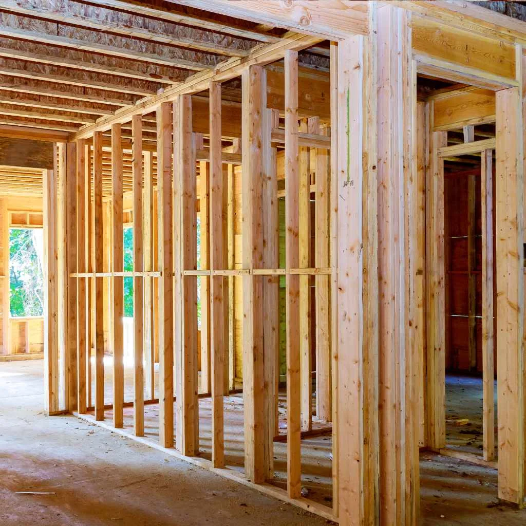Interior wood stud wall framing during a custom home build Interior wood stud wall framing during a custom home build