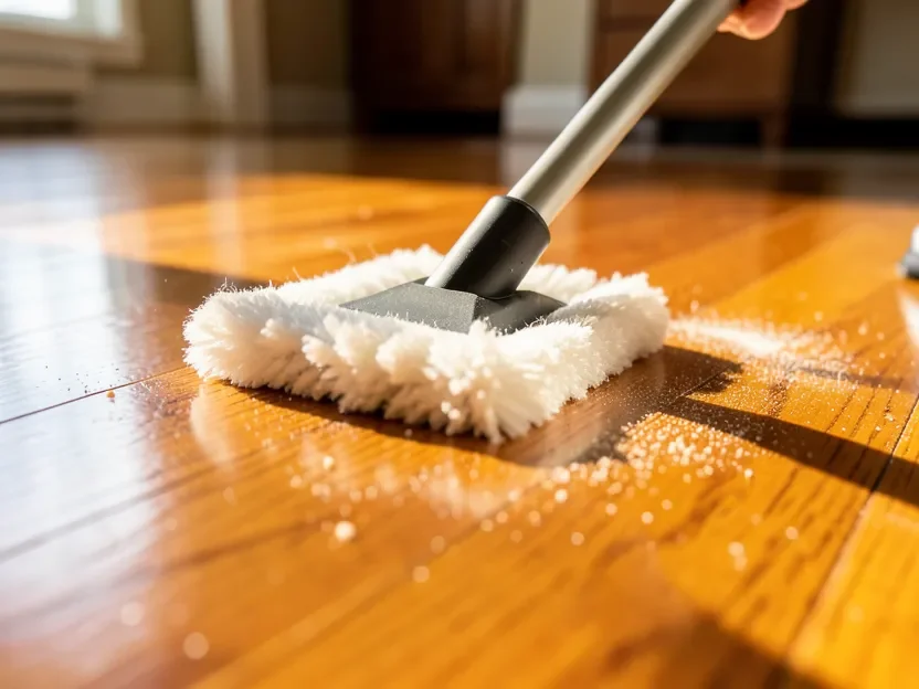 Microfiber dust mop removing grit from a hardwood floor