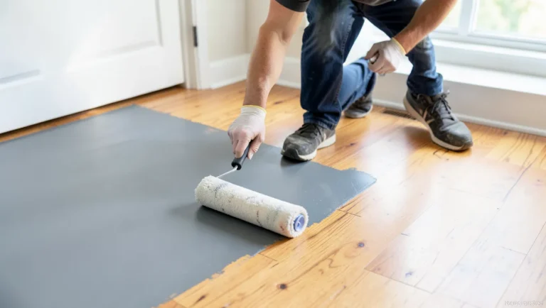 Rolling gray floor enamel paint onto a hardwood floor