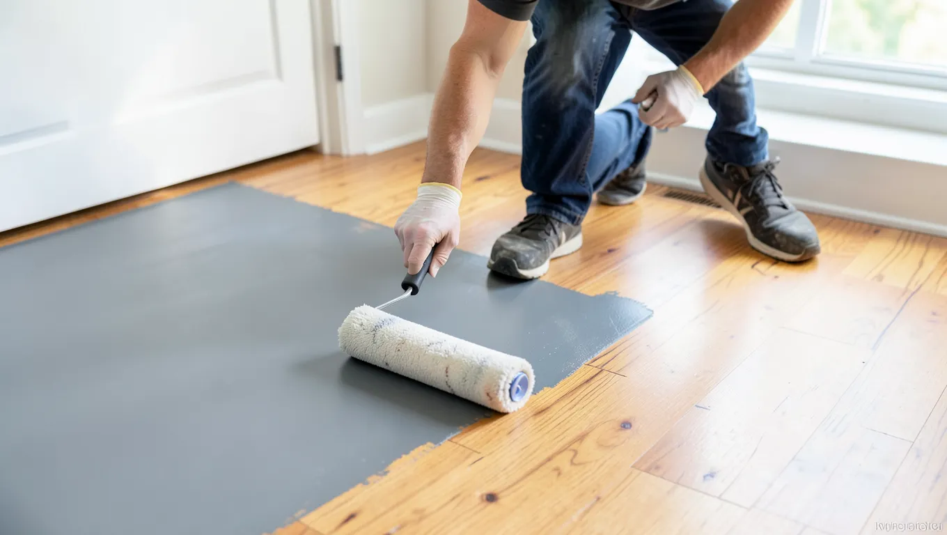 Rolling gray floor enamel paint onto a hardwood floor