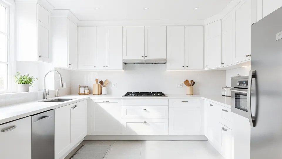 Finished white painted kitchen cabinets in a modern kitchen