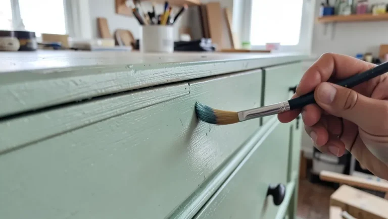 Close-up of a hand painting a wood dresser sage green with a paintbrush